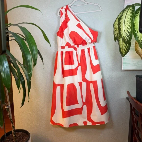 Banana Republic Cotton White Orange Geometric Pattern One Shoulder Midi Dress L - Picture 2 of 10